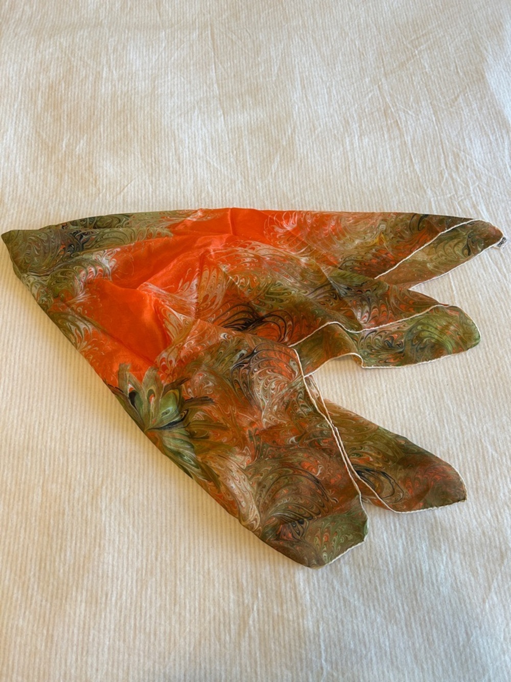 Vintage 100% Silk Orange and Olive Floral Scarf